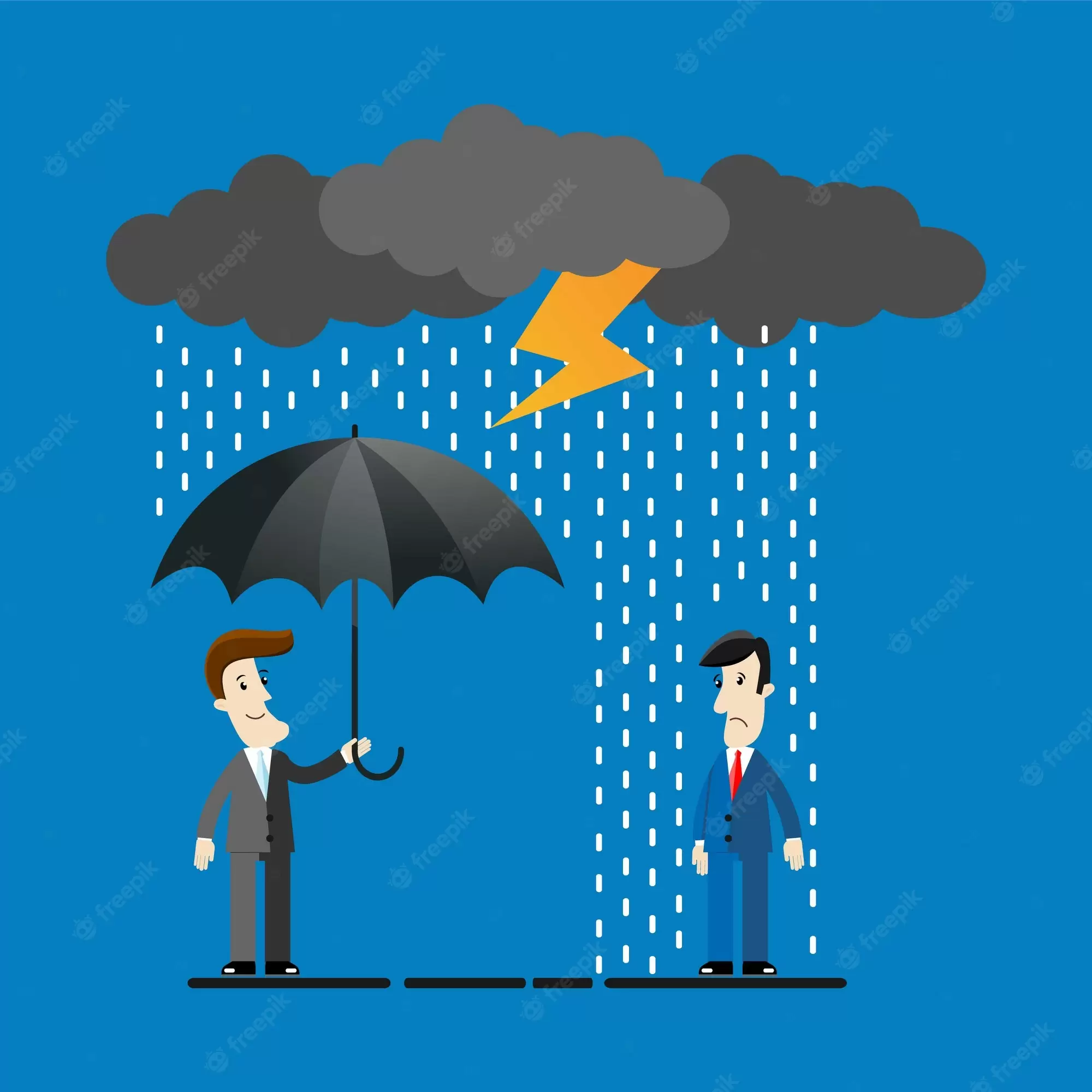 Ilustração mostrando um homem de negócios segurando um guarda-chuva enquanto uma tempestade se aproxima, simbolizando a necessidade de se ter ações práticas para lidar com crises empresariais