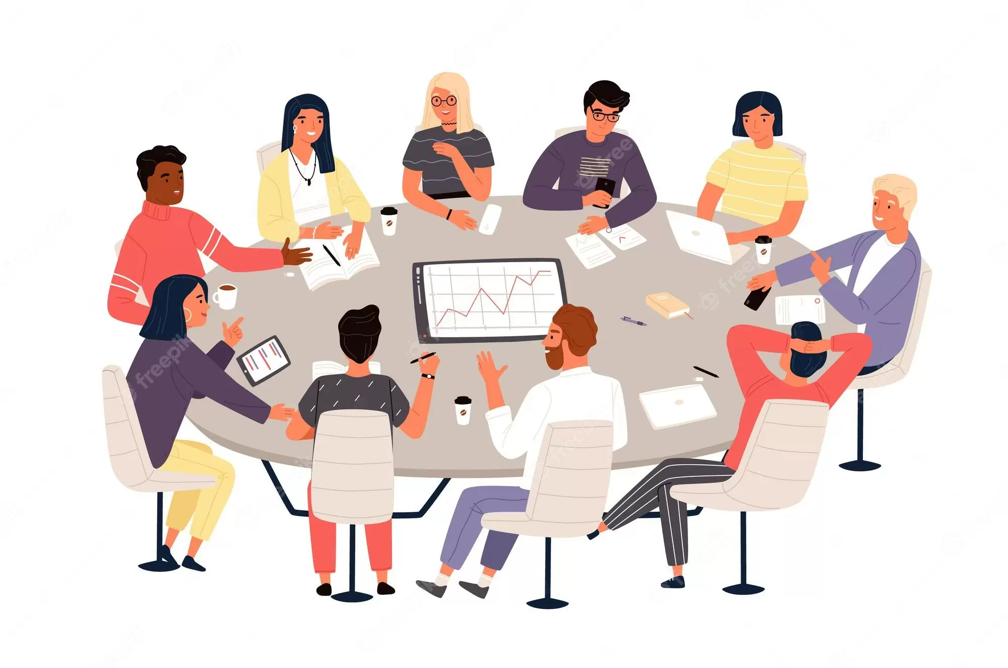 Ilustração de uma equipe de funcionários em uma sala de reuniões, discutindo ideias e colaborando