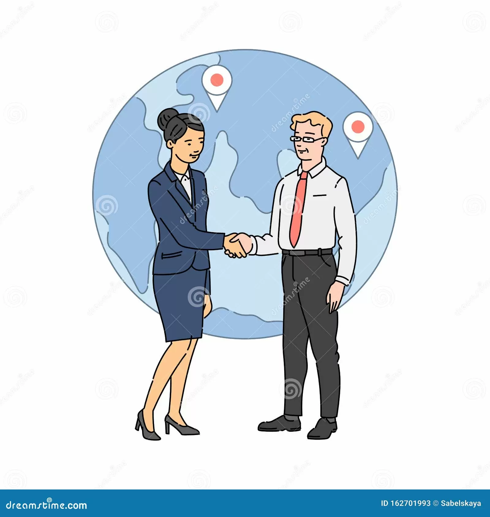 Ilustração mostrando um homem de negócios apertando as mãos com uma pessoa de um outro país, simbolizando a globalização
