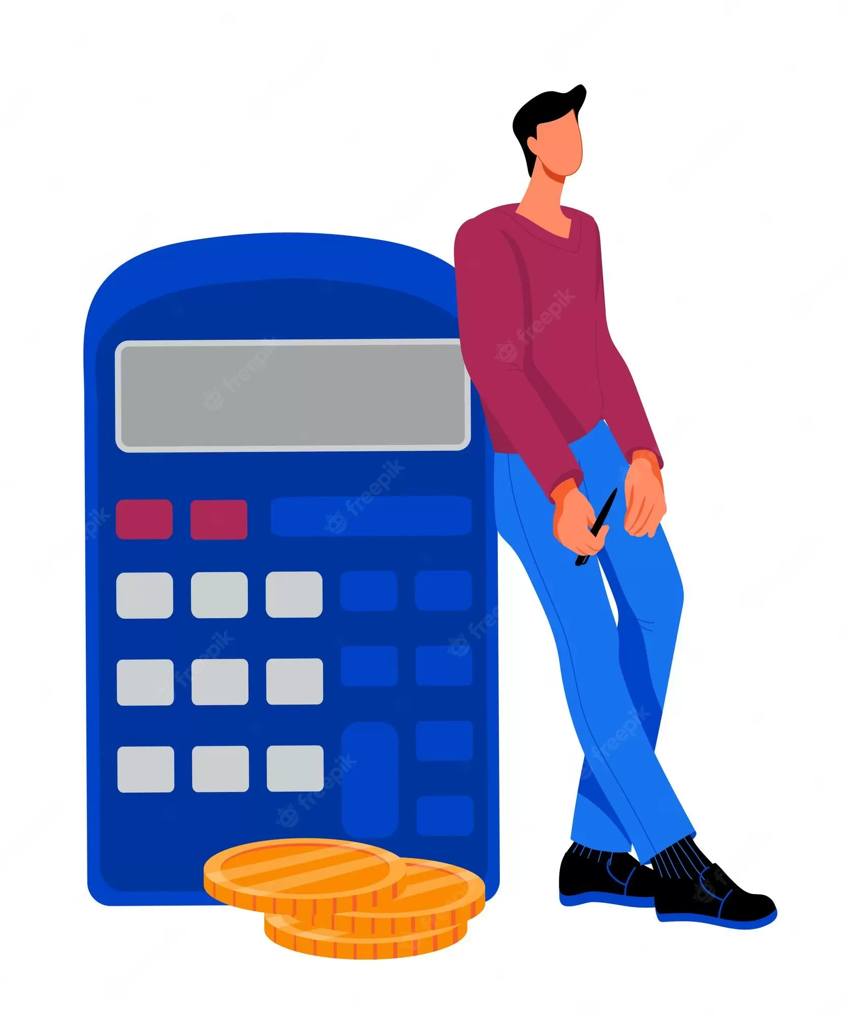 Ilustração de um trabalhador preocupado com uma calculadora e uma pilha de dinheiro, representando o tema do fator previdenciário e sua influência no valor da aposentadoria